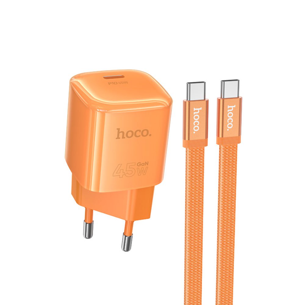 Φορτιστής Ταξιδίου Hoco. DC148 Ridge 1xUSB-C PD45W GaN QC με Καλώδιο USB-C σε USB-C 1.2m Braided Πορτοκαλί | Φορτιστές - shopin.gr