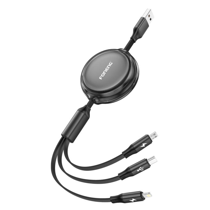 Καλώδιο Σύνδεσης USB 2.0 Foneng X113 Retractable Flat 3 σε 1 USB A σε Micro USB & USB C & Lightning 1.1m Μαύρο | Shopin.gr