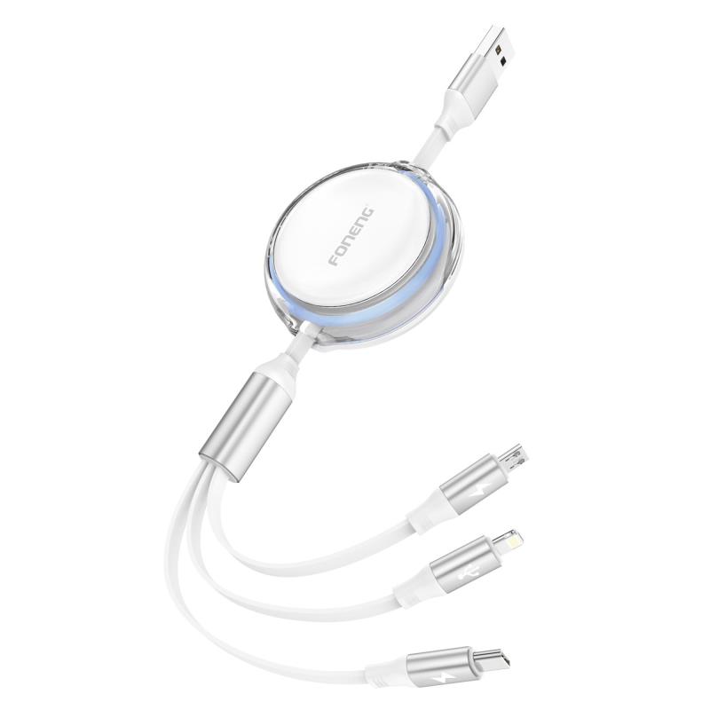 Καλώδιο Σύνδεσης USB 2.0 Foneng X113 Retractable Flat 3 σε 1 USB A σε Micro USB & USB C & Lightning 1.1m Λευκό | Shopin.gr