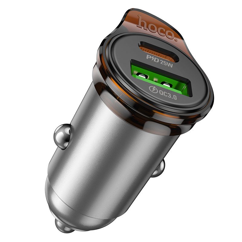 Φορτιστής Αυτοκινήτου Hoco NZ16A Rigorous Mini Size 43W USB-C PD25W + USB-A 18W Quick Charge 3.0A Γκρι | Φορτιστές - shopin.gr