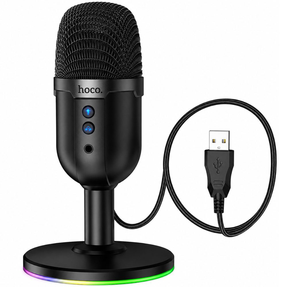 Επιτραπέζιο Μικρόφωνο Hoco L25 Bright για Streaming και Video Calls RGB USB AUX Πολυκατευθυντικό Μικρόφωνο Κουμπία Mute και Monitor Μαύρο | Μικρόφωνα - shopin.gr