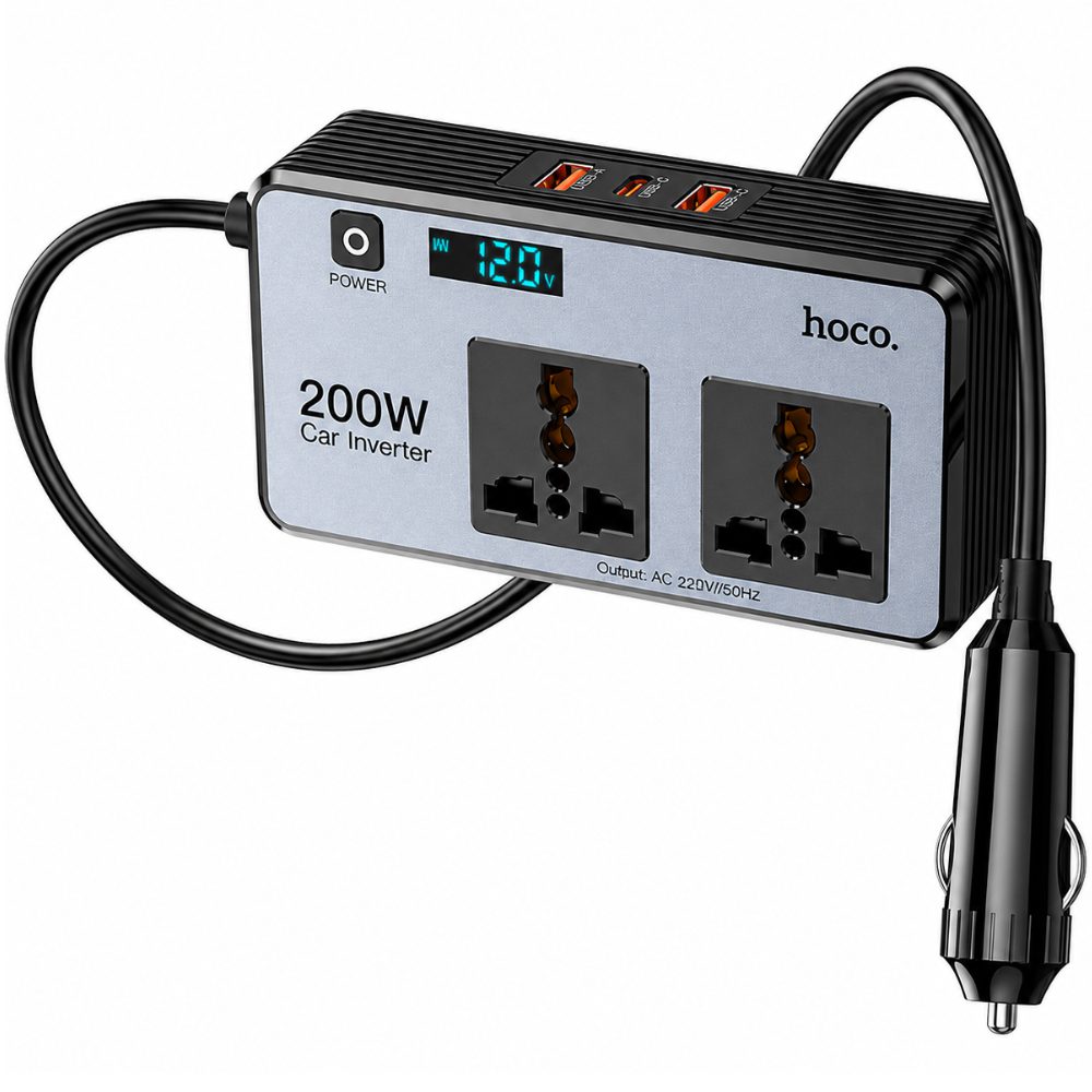 Φορτιστής Μετατροπέας 12V σε 220V Αυτοκινήτου Hoco Z66 με 2 Έξόδους 200W και 2xUSB-A 1xUSB-C 66W LED Display Καλώδιο 50cm Μαύρος | Φορτιστές - shopin.gr