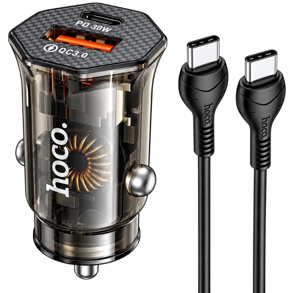 Φορτιστής Αυτοκινήτου Hoco. DZ16 Apex Lightweight USB-C PD30W + USB-A 18W QC3.0A με Καλώδιο USB-A σε USB-C Διάφανος Φιμέ | Φορτιστές - shopin.gr