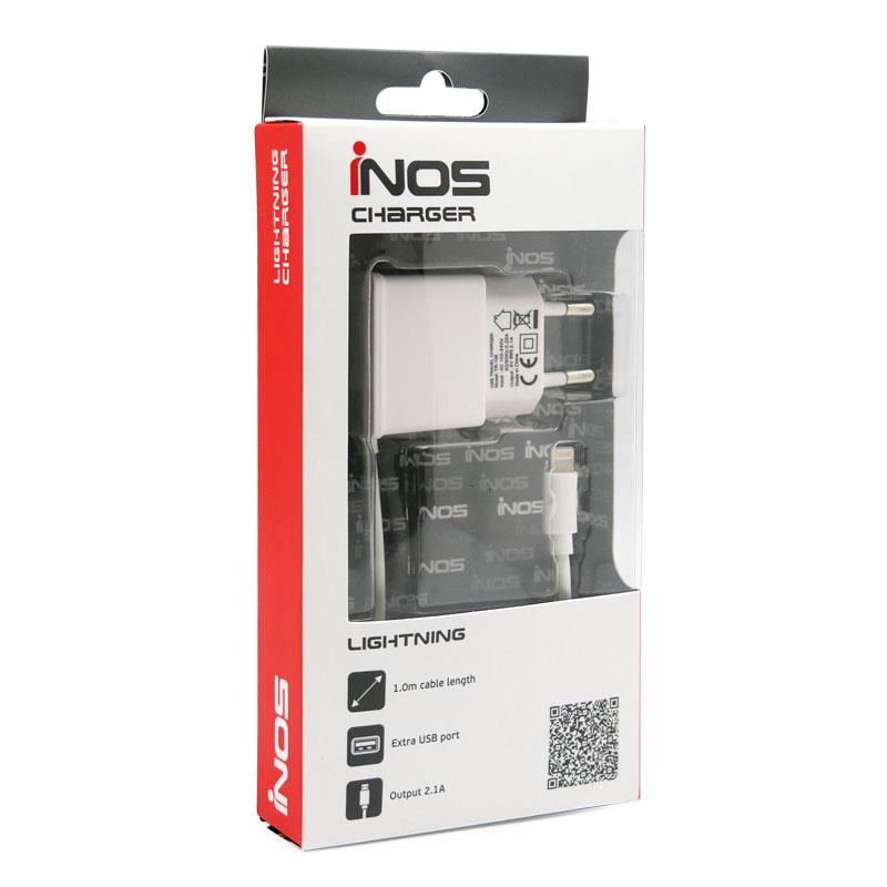 Φορτιστής Ταξιδίου inos Lightning με Extra Έξοδο USB Λευκό 2.1A | Shopin.gr