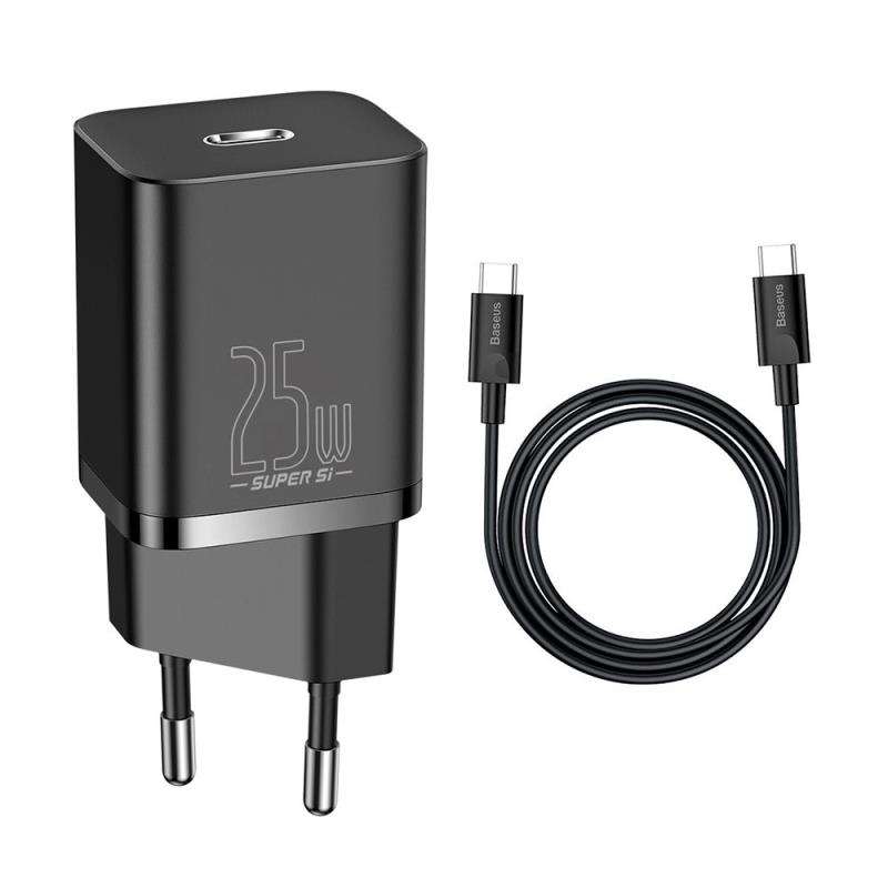 Φορτιστής Ταξιδίου Ταχείας Φόρτισης Baseus Super Si 1C με Έξοδο USB C 25W & Καλώδιο USB C σε USB C 1m Μαύρο | Shopin.gr