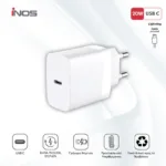 Φορτιστής Ταξιδίου Ταχείας Φόρτισης inos με Έξοδο USB C PD QC 3.0 20W & Lightning Καλώδιο 1m Λευκό | Shopin.gr