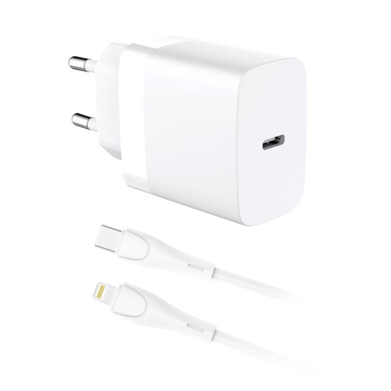 Φορτιστής Ταξιδίου Ταχείας Φόρτισης inos με Έξοδο USB C PD QC 3.0 20W & Lightning Καλώδιο 1m Λευκό | Shopin.gr