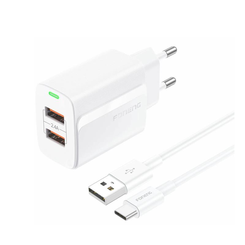 Φορτιστής Ταξιδίου Ταχείας Φόρτισης Foneng EU63 με Διπλή Έξοδο 2xUSB A 12W 2.4A & Καλώδιο USB A σε USB C 1m Λευκό | Shopin.gr