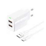 Φορτιστής Ταξιδίου Ταχείας Φόρτισης Foneng EU63 με Διπλή Έξοδο 2xUSB A 12W 2.4A & Καλώδιο USB A σε USB C 1m Λευκό | Shopin.gr