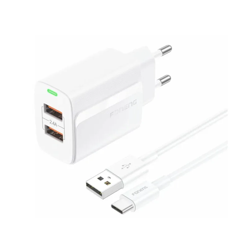 Φορτιστής Ταξιδίου Ταχείας Φόρτισης Foneng EU63 με Διπλή Έξοδο 2xUSB A 12W 2.4A & Καλώδιο USB A σε USB C 1m Λευκό | Shopin.gr