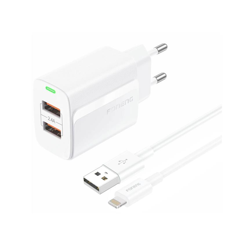 Φορτιστής Ταξιδίου Ταχείας Φόρτισης Foneng EU63 με Διπλή Έξοδο 2xUSB A 12W 2.4A & Καλώδιο USB A σε Lightning 1m Λευκό Φορτιστής Ταξιδίου Ταχείας Φόρτισης Foneng EU63 με Διπλή Έξοδο 2xUSB A 12W 2.4A & Καλώδιο USB A σε Lightning 1m Λευκό | Shopin.gr