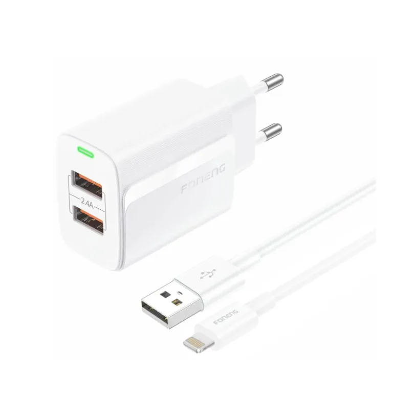 Φορτιστής Ταξιδίου Ταχείας Φόρτισης Foneng EU63 με Διπλή Έξοδο 2xUSB A 12W 2.4A & Καλώδιο USB A σε Lightning 1m Λευκό | Shopin.gr