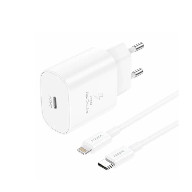 Φορτιστής Ταξιδίου Ταχείας Φόρτισης Foneng EU51 με Έξοδο USB C GaN 25W 3A & Καλώδιο USB C σε Lightning 1m Λευκό | Shopin.gr