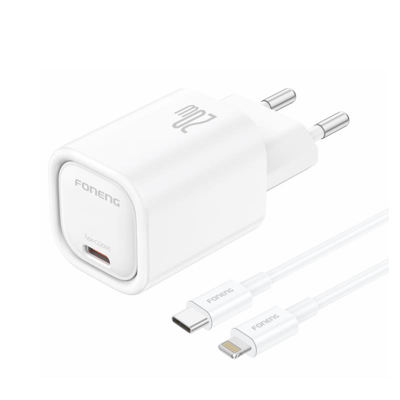 Φορτιστής Ταξιδίου Ταχείας Φόρτισης Foneng EU69 με Έξοδο USB C PD 20W 3A & Καλώδιο USB C σε Lightning 1m Λευκό | Shopin.gr