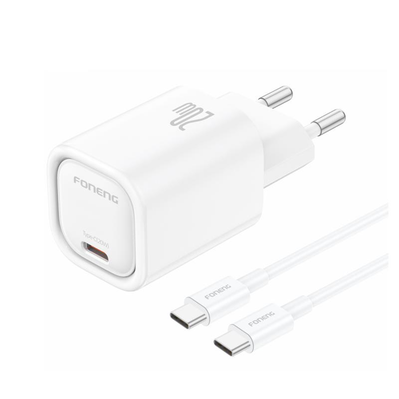 Φορτιστής Ταξιδίου Ταχείας Φόρτισης Foneng EU69 με Έξοδο USB C PD 20W 3A & Καλώδιο USB C σε USB C 1m Λευκό | Shopin.gr