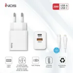Φορτιστής Ταξιδίου Ταχείας Φόρτισης inos με Διπλή Έξοδο USB A & USB C PD QC 3.0 20W & Lightning Καλώδιο 1m Λευκό | Shopin.gr