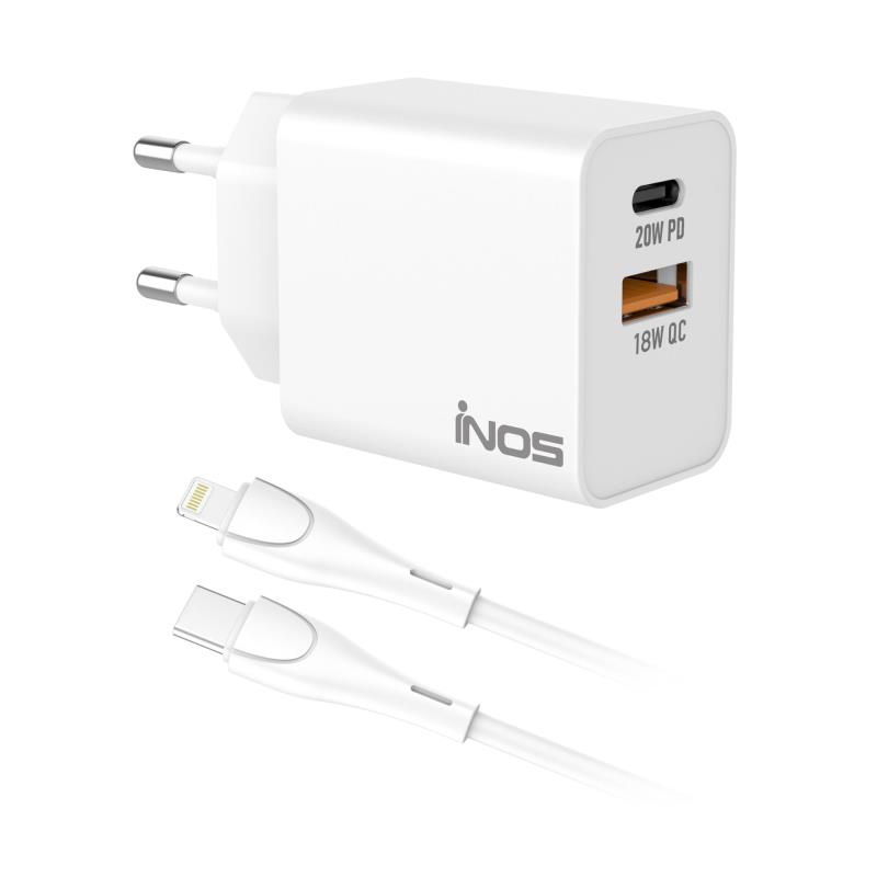 Φορτιστής Ταξιδίου Ταχείας Φόρτισης inos με Διπλή Έξοδο USB A & USB C PD QC 3.0 20W & Lightning Καλώδιο 1m Λευκό | Shopin.gr