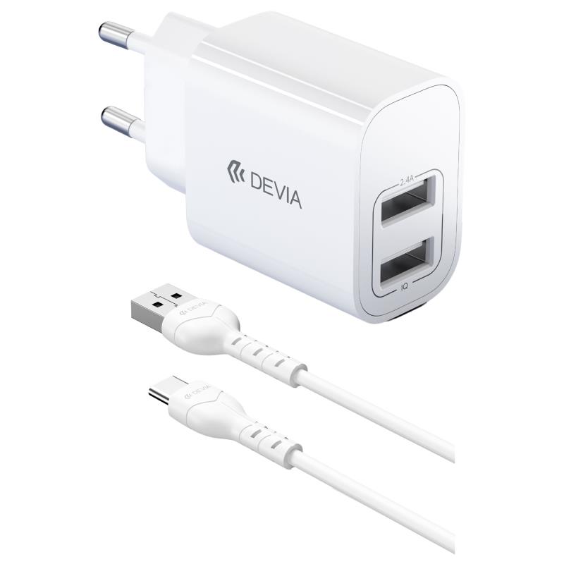 Φορτιστής Ταξιδίου Devia RLC-342 με Διπλή Έξοδο 2xUSB A 12W & Καλώδιο USB A σε USB C 1m Lite2 Λευκό | Shopin.gr