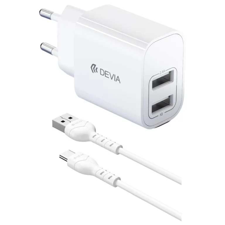 Φορτιστής Ταξιδίου Devia RLC-342 με Διπλή Έξοδο 2xUSB A 12W & Καλώδιο USB A σε USB C 1m Lite2 Λευκό | Shopin.gr