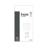 Φορτιστής Ταξιδίου Ταχείας Φόρτισης inos με Έξοδο USB C PD QC 3.0 20W & USB C Καλώδιο 1m Λευκό | Shopin.gr