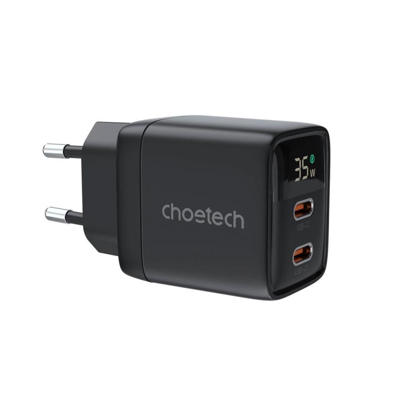 Φορτιστής Ταξιδίου Ταχείας Φόρτισης Choetech PD6051 με Διπλή Έξοδο 2xUSB C GaN PD 35W Μαύρο | Shopin.gr