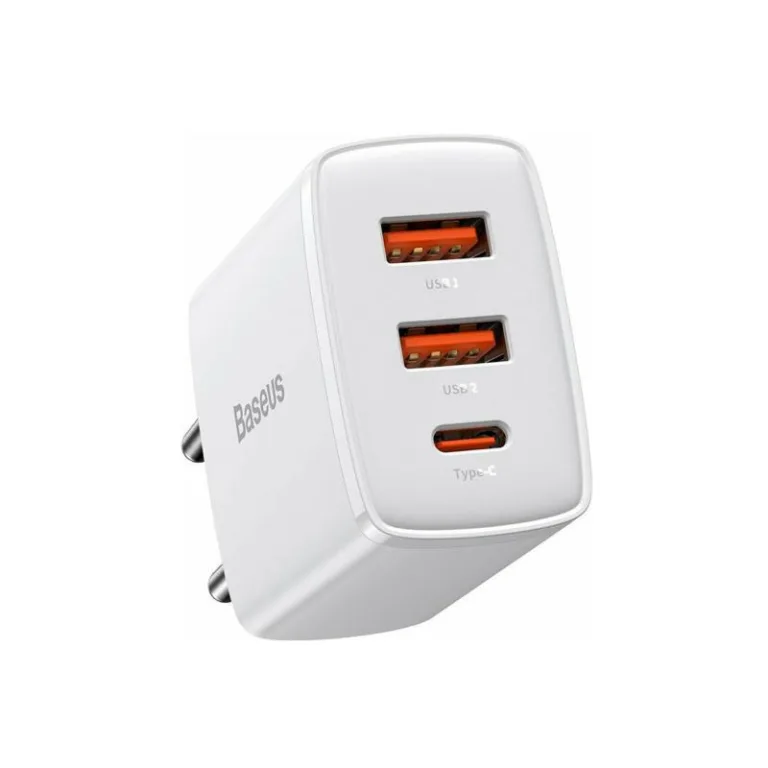 Φορτιστής Ταξιδίου Ταχείας Φόρτισης Baseus Compact με Τριπλή Έξοδο 2xUSB A & USB C PD QC 30W 3A Λευκό | Shopin.gr
