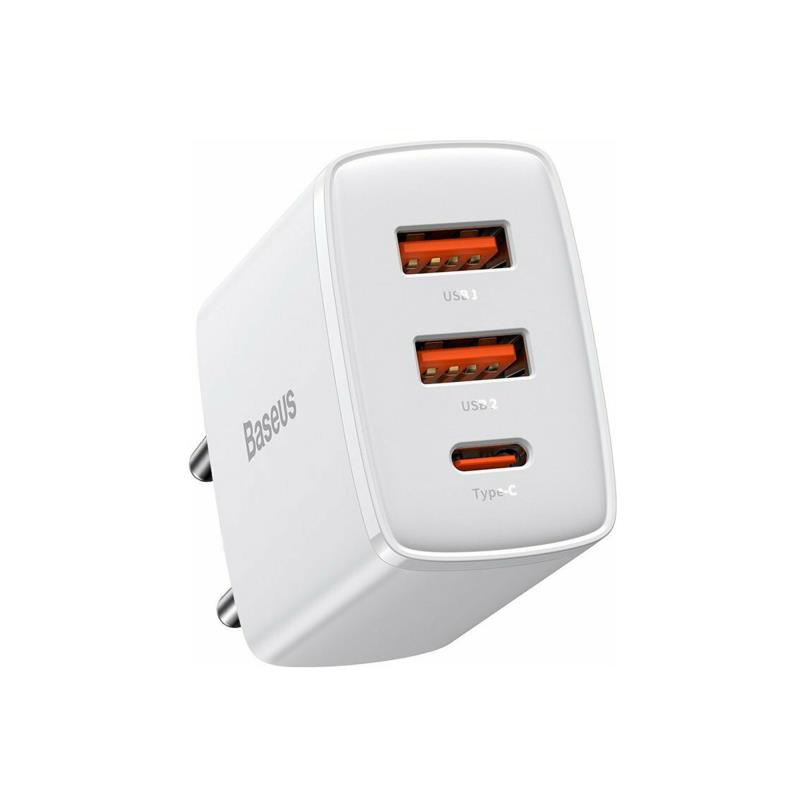 Φορτιστής Ταξιδίου Ταχείας Φόρτισης Baseus Compact με Τριπλή Έξοδο 2xUSB A & USB C PD QC 30W 3A Λευκό | Shopin.gr