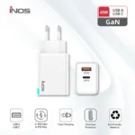 Φορτιστής Ταξιδίου Ταχείας Φόρτισης inos με Διπλή Έξοδο USB A & USB C GaN PD QC 3.0 45W Λευκό | Shopin.gr
