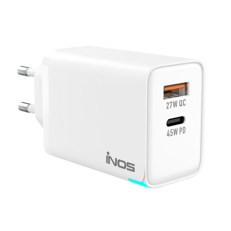 Φορτιστής Ταξιδίου Ταχείας Φόρτισης inos με Διπλή Έξοδο USB A & USB C GaN PD QC 3.0 45W Λευκό | Shopin.gr