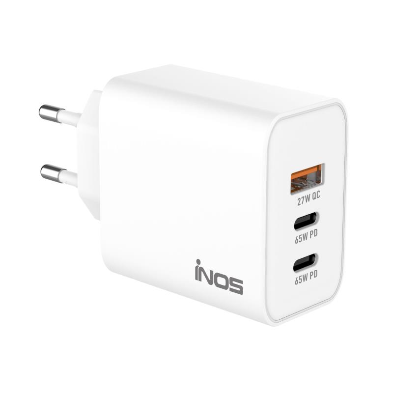Φορτιστής Ταξιδίου Ταχείας Φόρτισης inos με Τριπλή Έξοδο USB A & 2xUSB C GaN PD QC 3.0 65W Λευκό | Shopin.gr