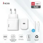 Φορτιστής Ταξιδίου Ταχείας Φόρτισης inos με Έξοδο USB C GaN PD QC 3.0 35W & Lightning Καλώδιο 1m Λευκό | Shopin.gr
