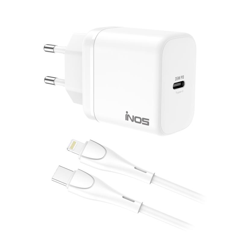 Φορτιστής Ταξιδίου Ταχείας Φόρτισης inos με Έξοδο USB C GaN PD QC 3.0 35W & Lightning Καλώδιο 1m Λευκό | Shopin.gr