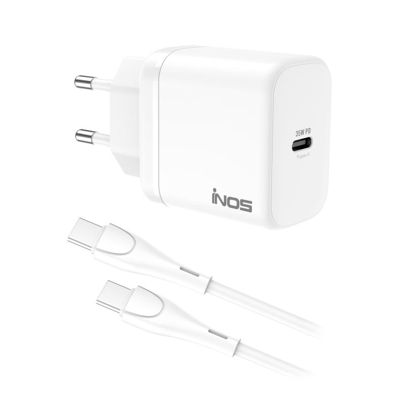 Φορτιστής Ταξιδίου Ταχείας Φόρτισης inos με Έξοδο USB C GaN PD QC 3.0 35W & USB C  Καλώδιο 1m Λευκό | Shopin.gr