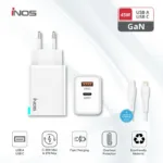 Φορτιστής Ταξιδίου Ταχείας Φόρτισης inos με Διπλή Έξοδο USB A & USB C GaN PD QC 3.0 45W & Lightning Καλώδιο 1m Λευκό | Shopin.gr