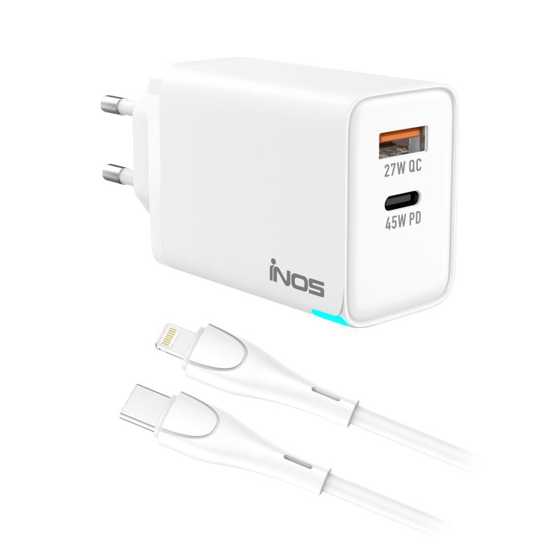 Φορτιστής Ταξιδίου Ταχείας Φόρτισης inos με Διπλή Έξοδο USB A & USB C GaN PD QC 3.0 45W & Lightning Καλώδιο 1m Λευκό | Shopin.gr