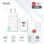 Φορτιστής Ταξιδίου Ταχείας Φόρτισης inos με Διπλή Έξοδο USB A & USB C GaN PD QC 3.0 45W & USB C Καλώδιο 1m Λευκό | Shopin.gr