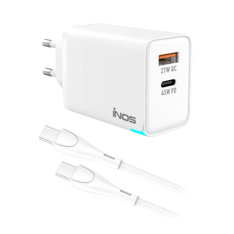 Φορτιστής Ταξιδίου Ταχείας Φόρτισης inos με Διπλή Έξοδο USB A & USB C GaN PD QC 3.0 45W & USB C Καλώδιο 1m Λευκό | Shopin.gr