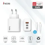 Φορτιστής Ταξιδίου Ταχείας Φόρτισης inos με Τριπλή Έξοδο USB A & 2xUSB C GaN PD QC 3.0 65W & Lightning Καλώδιο 1m Λευκό | Shopin.gr