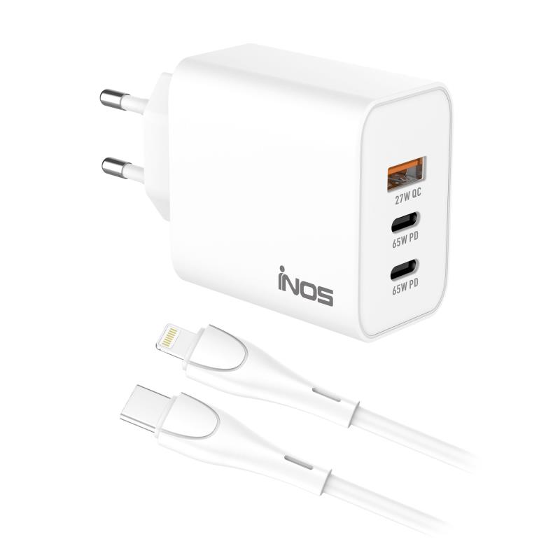 Φορτιστής Ταξιδίου Ταχείας Φόρτισης inos με Τριπλή Έξοδο USB A & 2xUSB C GaN PD QC 3.0 65W & Lightning Καλώδιο 1m Λευκό | Shopin.gr