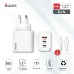 Φορτιστής Ταξιδίου Ταχείας Φόρτισης inos με Τριπλή Έξοδο USB A & 2xUSB C GaN PD QC 3.0 65W & USB C Καλώδιο 1m Λευκό | Shopin.gr
