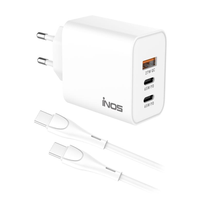 Φορτιστής Ταξιδίου Ταχείας Φόρτισης inos με Τριπλή Έξοδο USB A & 2xUSB C GaN PD QC 3.0 65W & USB C Καλώδιο 1m Λευκό | Shopin.gr