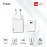 Φορτιστής Ταξιδίου Ταχείας Φόρτισης inos με Έξοδο USB C PD 20W Λευκό | Shopin.gr