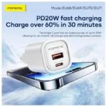 Φορτιστής Ταξιδίου Ταχείας Φόρτισης Foneng EU71 με Διπλή Έξοδο USB A & USB C GaN PD 30W 3A Λευκό | Shopin.gr