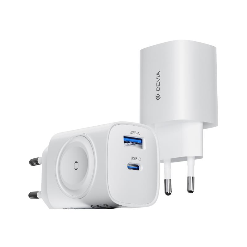 Φορτιστής Ταξιδίου Ταχείας Φόρτισης & Ασύρματος για Watch 2 σε 1 Devia RCE-2301ACL με Διπλή Έξοδο USB A & USB C GaN PD QC 22W Ultra1 Λευκό | Shopin.gr