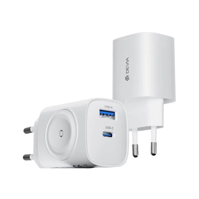 Φορτιστής Ταξιδίου Ταχείας Φόρτισης & Ασύρματος για Watch 2 σε 1 Devia RCE-2301ACL με Διπλή Έξοδο USB A & USB C GaN PD QC 22W Ultra1 Λευκό | Shopin.gr