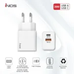 Φορτιστής Ταξιδίου Ταχείας Φόρτισης inos με Διπλή Έξοδο USB A & USB C PD QC 3.0 20W Λευκό | Shopin.gr