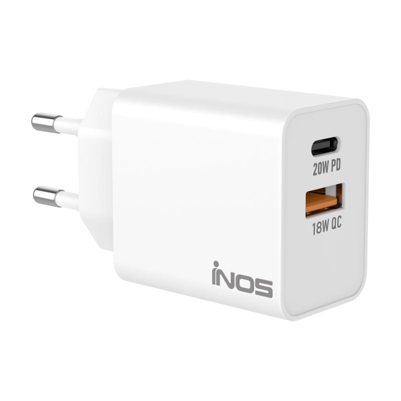 Φορτιστής Ταξιδίου Ταχείας Φόρτισης inos με Διπλή Έξοδο USB A & USB C PD QC 3.0 20W Λευκό | Shopin.gr