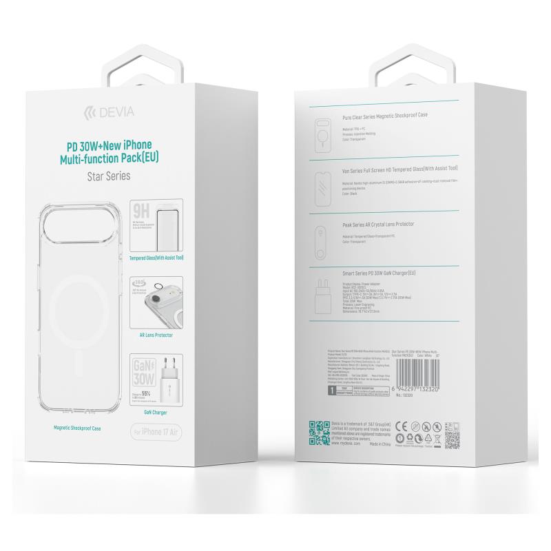 Φορτιστής Ταξιδίου Ταχείας Φόρτισης Devia με Έξοδο USB C PD 30W & Θήκη ShockProof & Tempered Glass & Camera Cover Apple iPhone Air Star Pack Λευκό | Shopin.gr