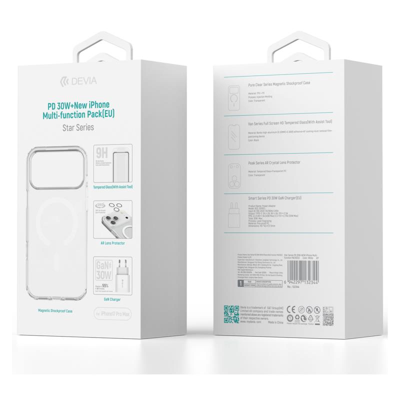 Φορτιστής Ταξιδίου Ταχείας Φόρτισης Devia με Έξοδο USB C PD 30W με & Θήκη ShockProof & Tempered Glass & Camera Cover Apple iPhone 17 Pro Max Star Pack Λευκό | Shopin.gr