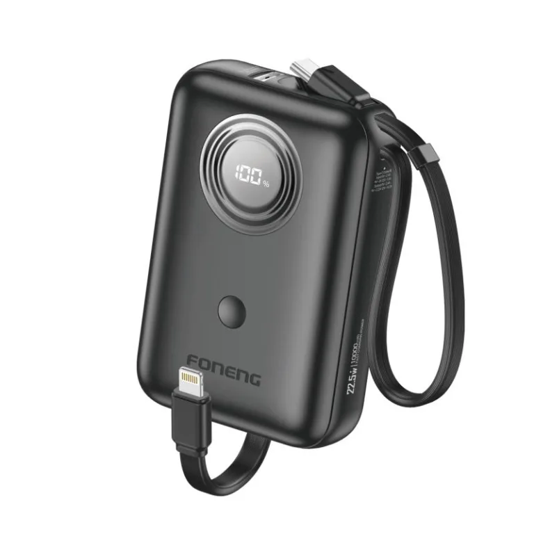 Φορτιστής Ανάγκης Foneng PX105 Mini 22.5W 10000mAh με 2 Ενσωματωμένα Καλώδια Μαύρο | Shopin.gr